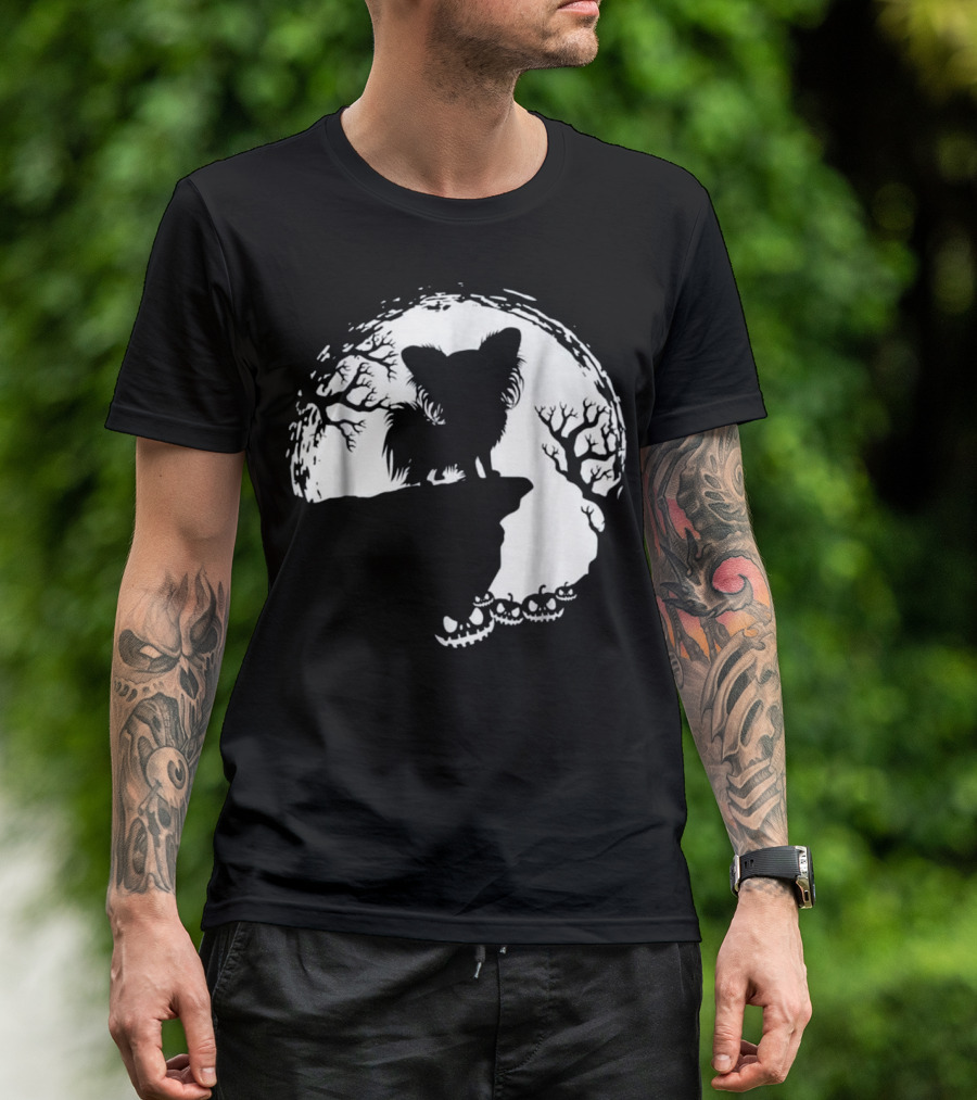 Moonlit Silhouette Of Dog With Pumpkin And Tree Scene T-Shirt