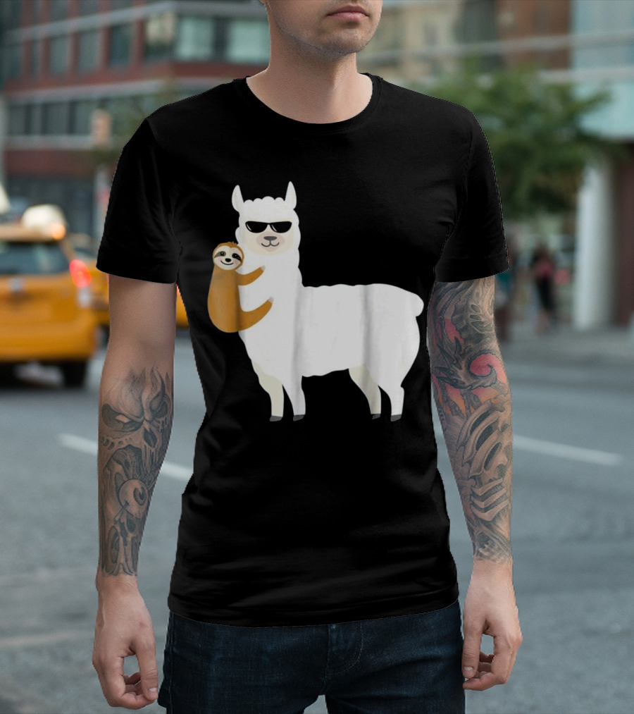 Sloth Hugging Cool Sunglasses Llama Alpaca T-Shirt