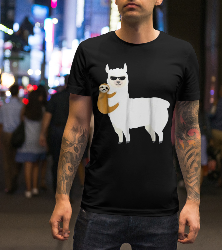 Sloth Hugging Cool Sunglasses Llama Alpaca T-Shirt