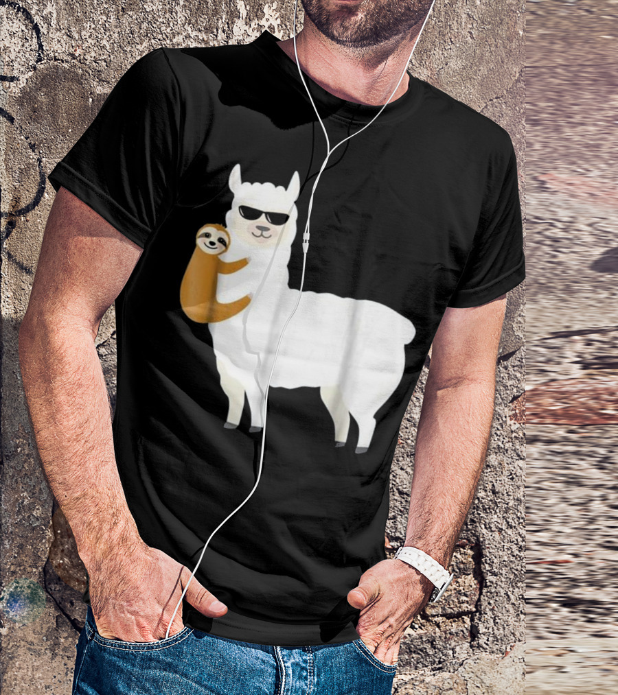 Sloth Hugging Cool Sunglasses Llama Alpaca T-Shirt