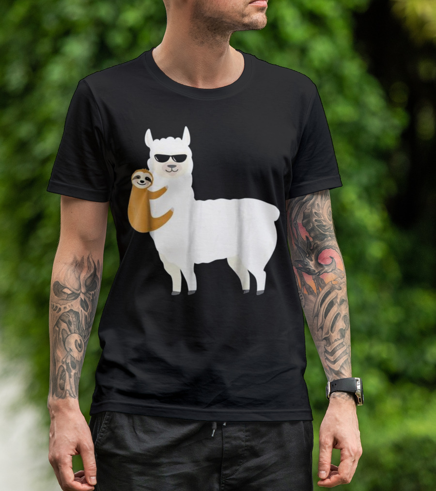 Sloth Hugging Cool Sunglasses Llama Alpaca T-Shirt