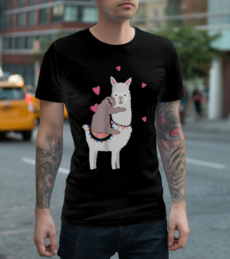 Sloth Best Friends Riding Llama Surrounded By Hearts T-Shirt