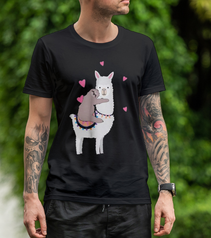Sloth Best Friends Riding Llama Surrounded By Hearts T-Shirt