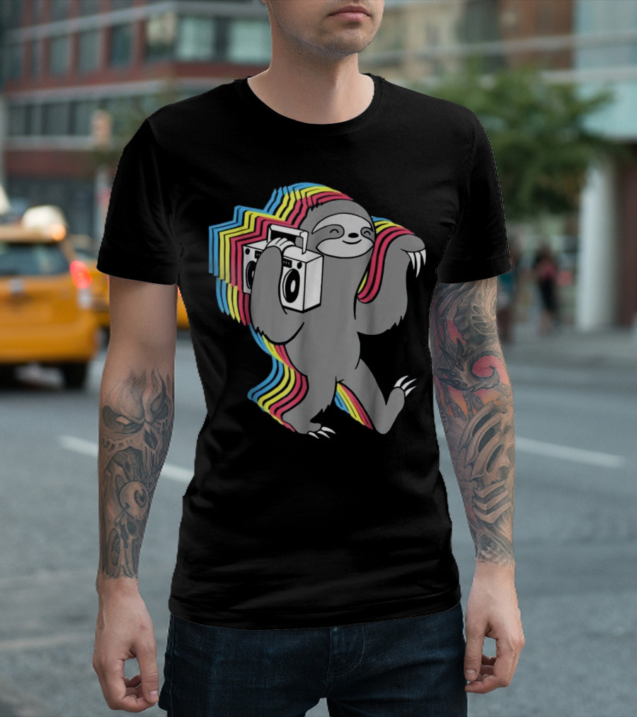 Slow Jams Boombox Sloth With Neon Wave Background T-Shirt