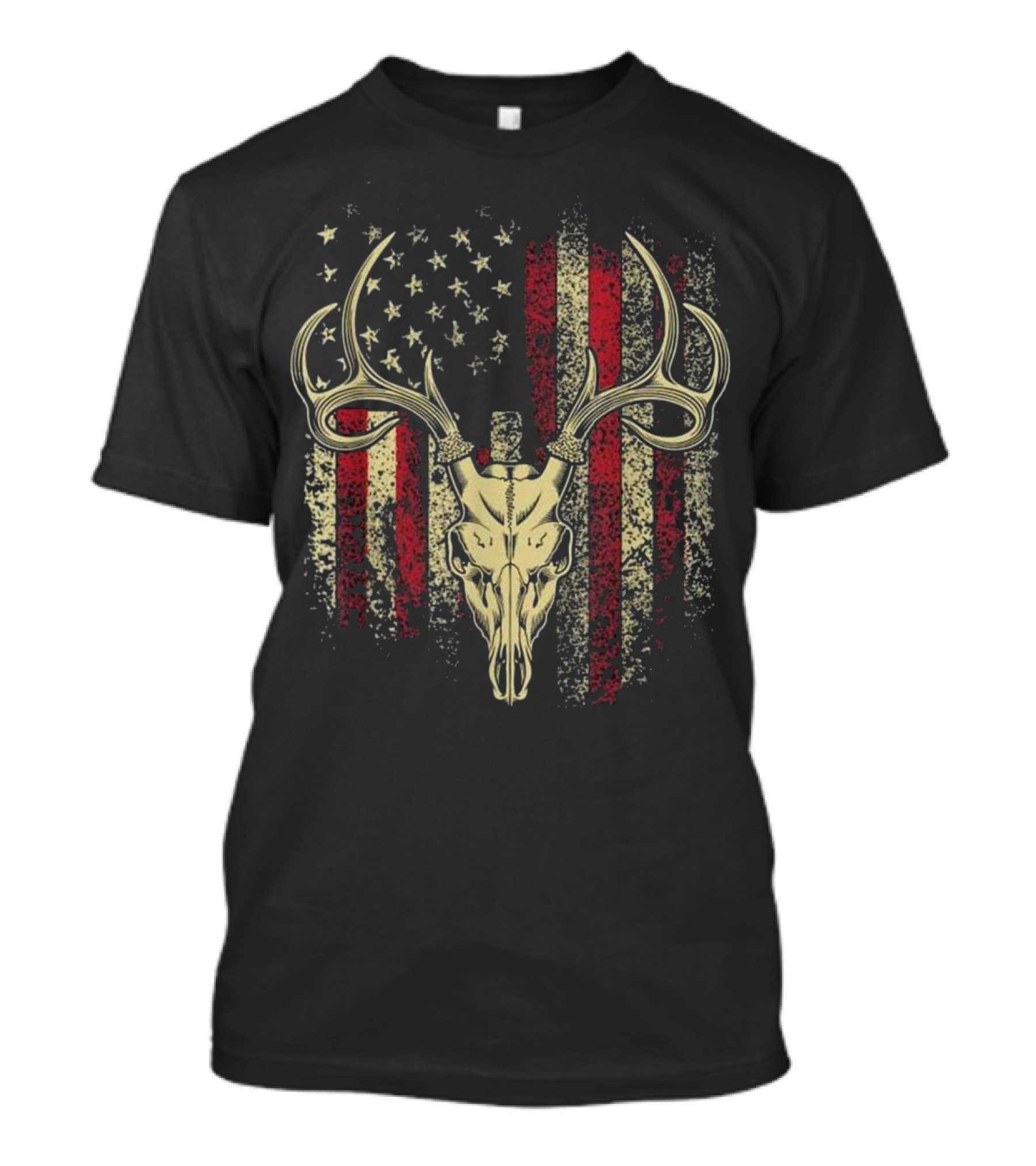 Deer Hunters Skull With Antlers On American Flag Background T-Shirt