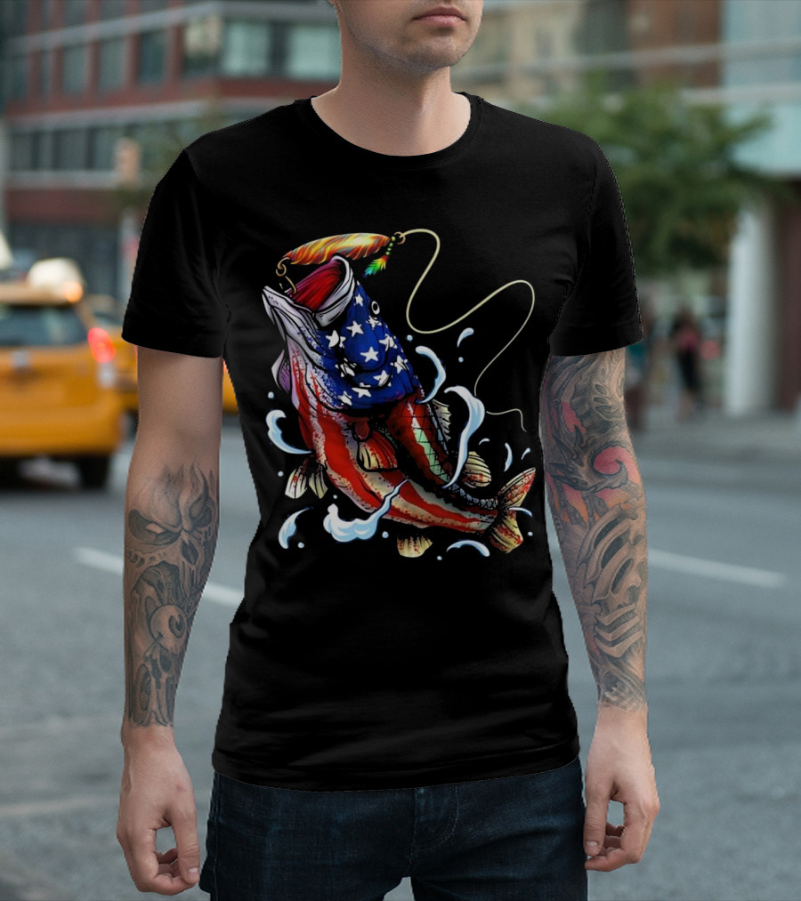 Bass Fishing American Flag 4th Of July Dad Father's Day T-Shirt