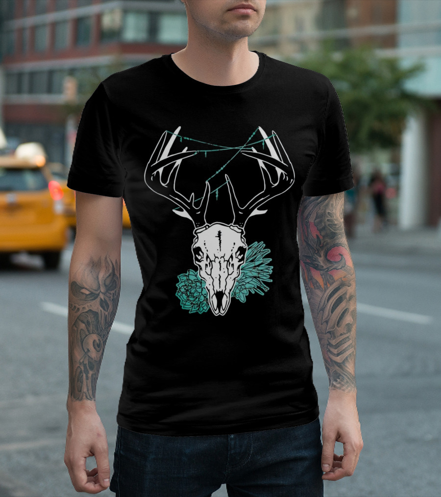 Deer Skull With Antlers And Green Succulents T-Shirt
