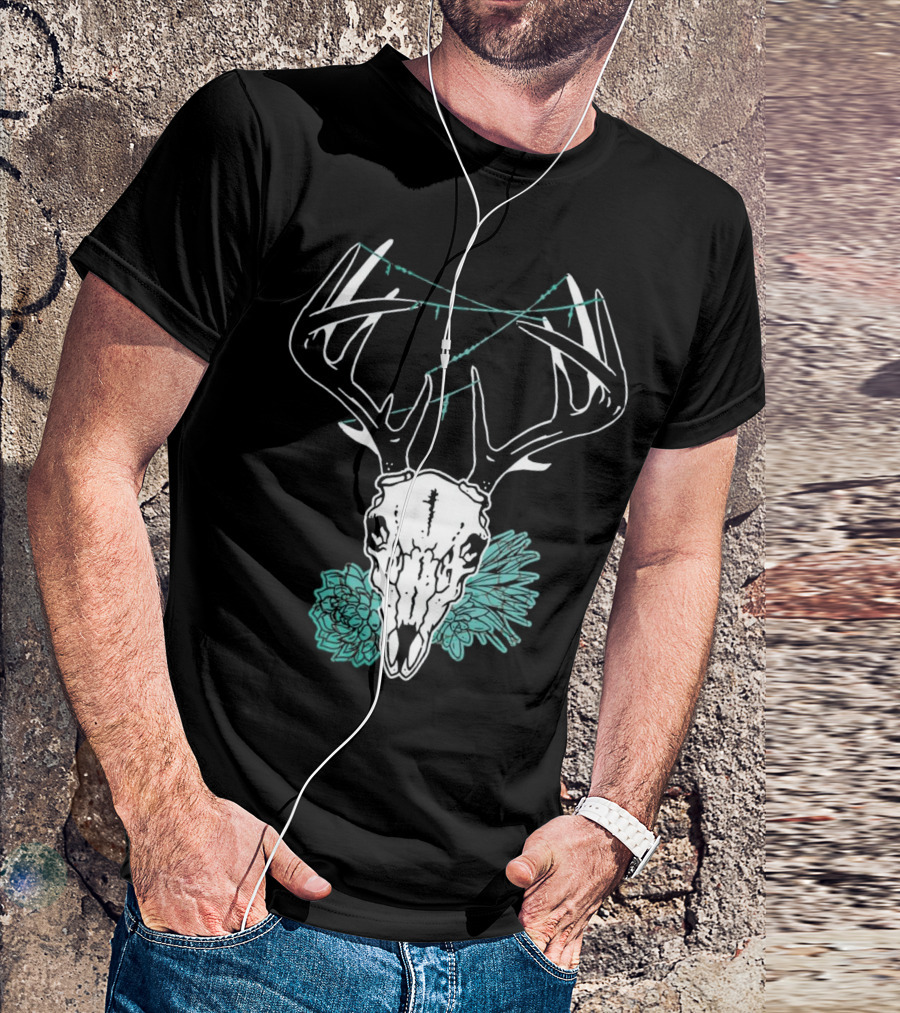 Deer Skull With Antlers And Green Succulents T-Shirt