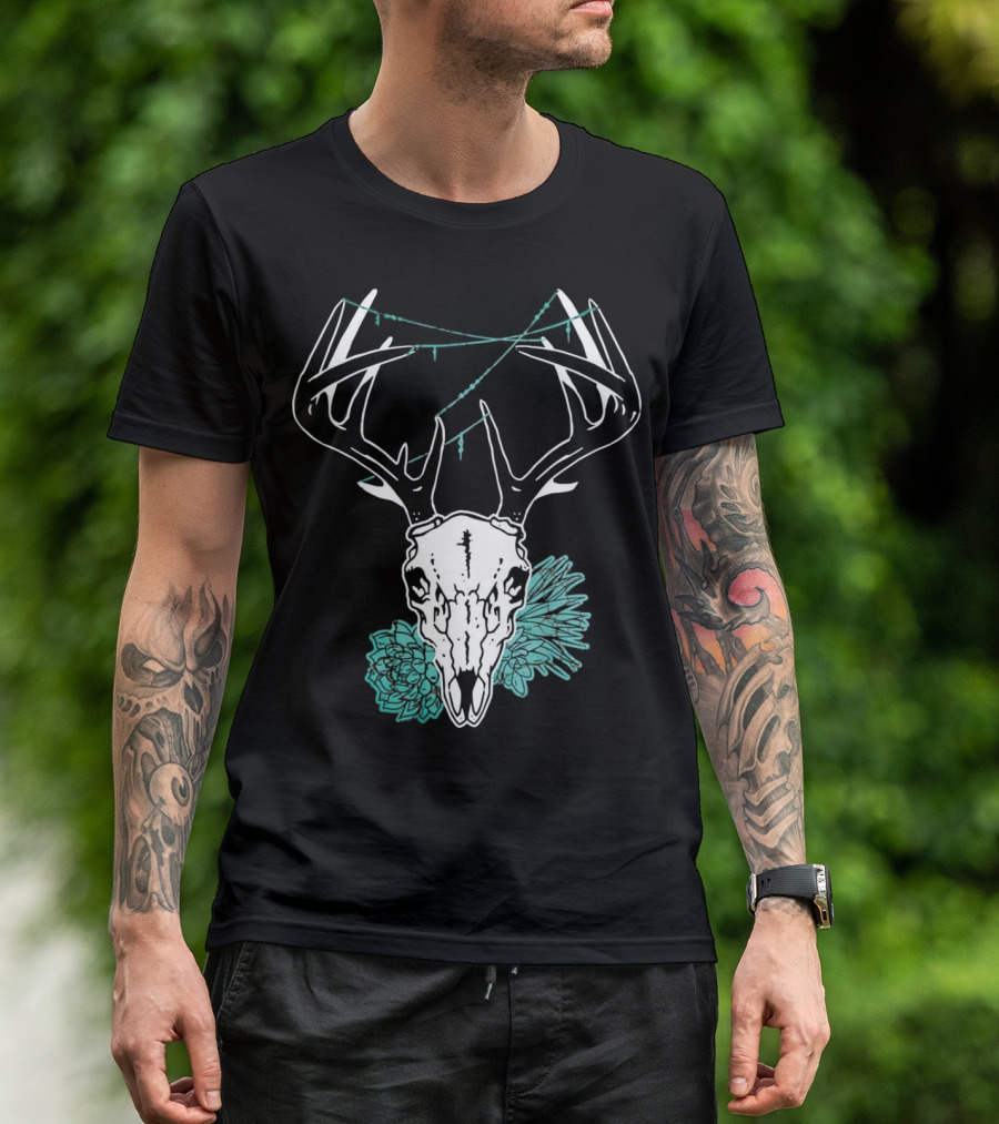 Deer Skull With Antlers And Green Succulents T-Shirt