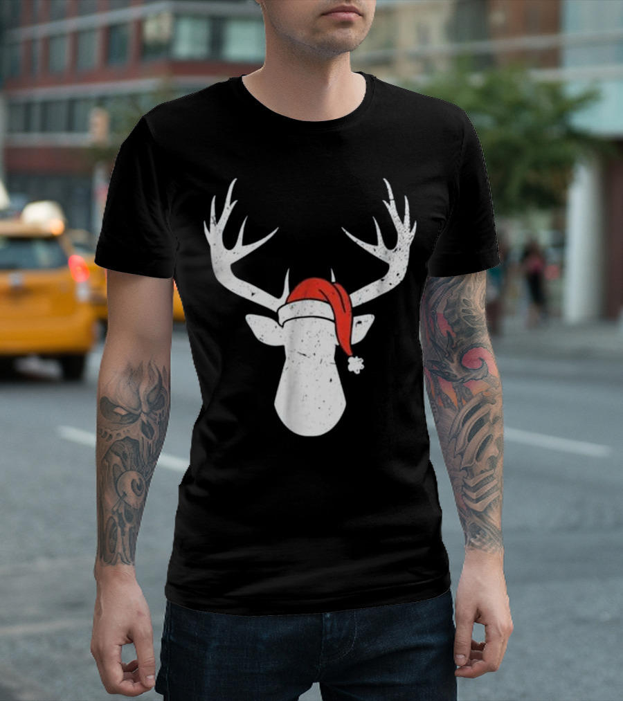 Deer With Santa Hat Christmas Antlers Holiday T-Shirt
