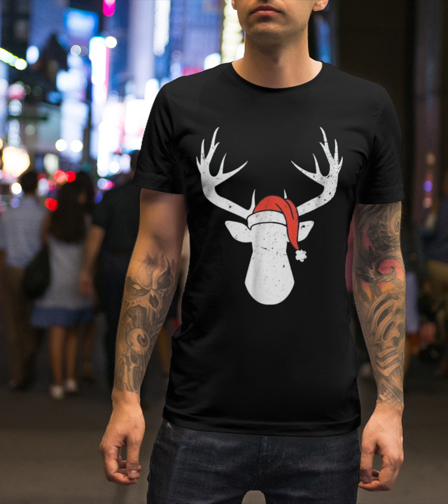 Deer With Santa Hat Christmas Antlers Holiday T-Shirt
