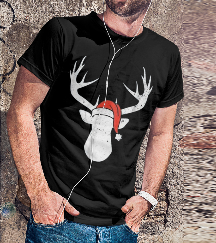 Deer With Santa Hat Christmas Antlers Holiday T-Shirt