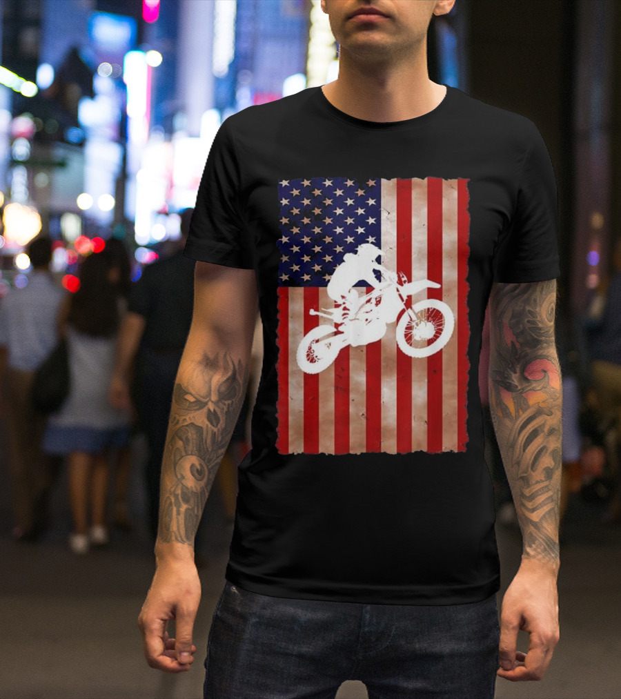 Motocross Dirt Bike Racing American Flag T-Shirt