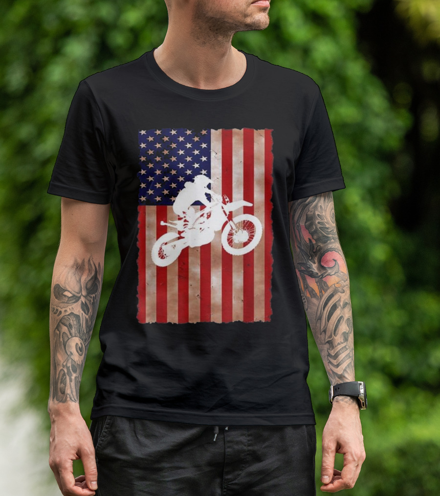 Motocross Dirt Bike Racing American Flag T-Shirt