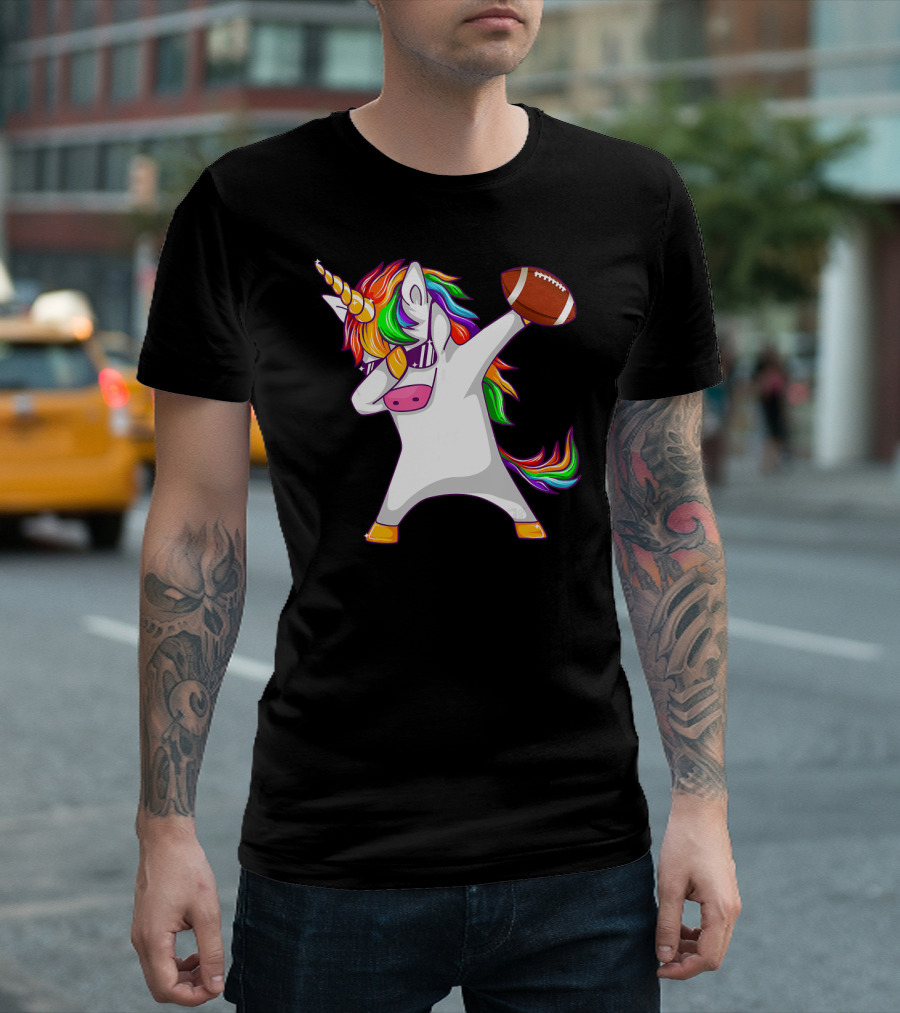 Football Unicorn Girls Squad Party Dabbing Rainbow Football T-Shirt