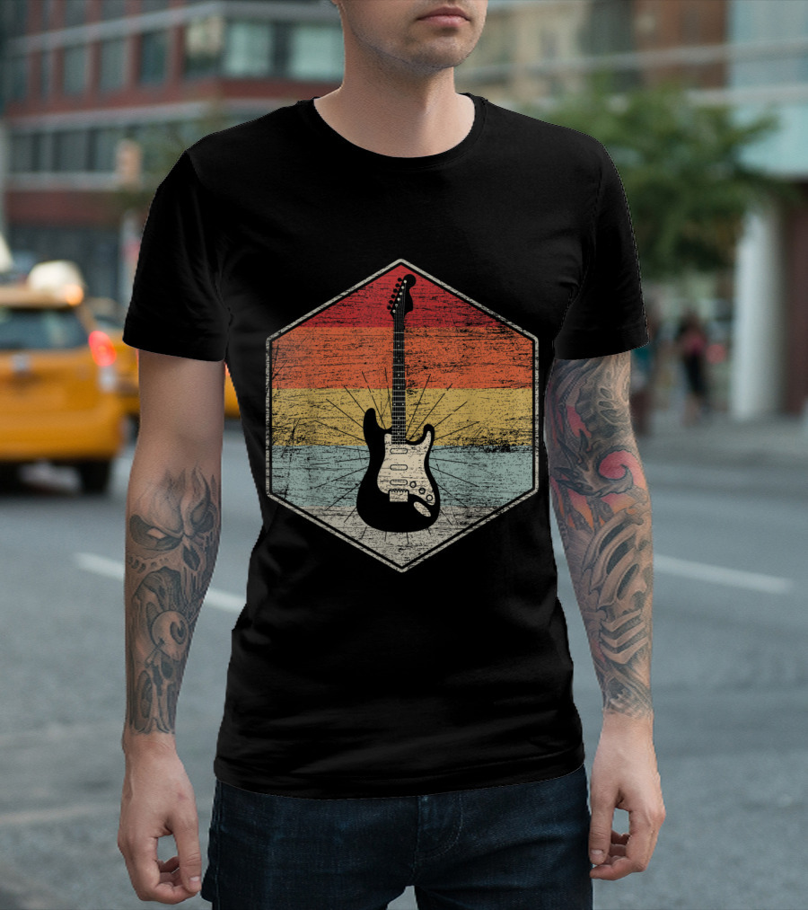 Vintage Retro Guitar AX2ld Hexagon Sunset T-Shirt