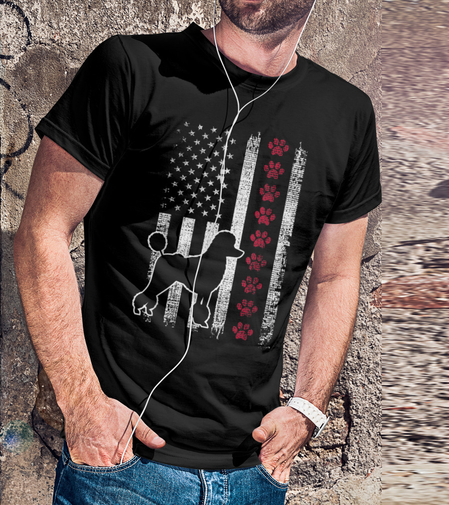 Vintage Poodle Silhouette American Flag Paw Print Stripes T-Shirt