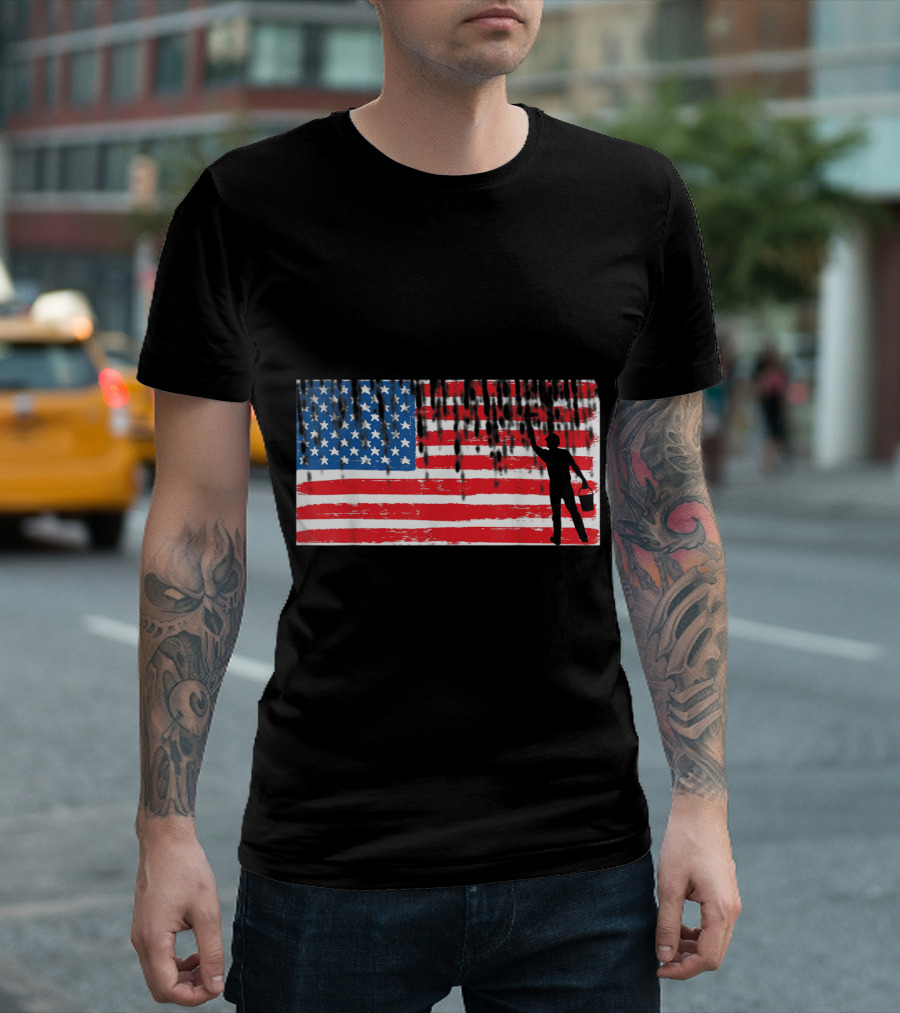 Vintage American Flag Roofer Silhouette Painting T-Shirt