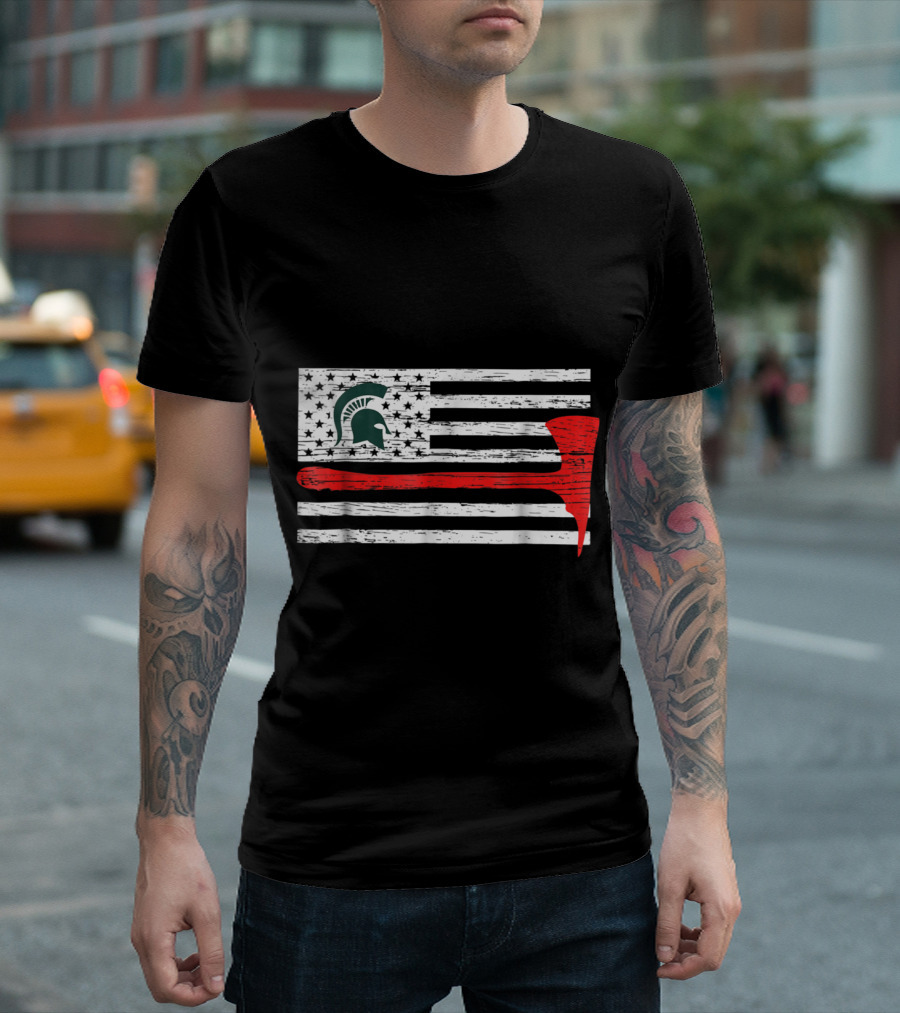 Michigan State Spartans Firefighter Thin Red Line American Flag Helmet Helmet Axe T-Shirt