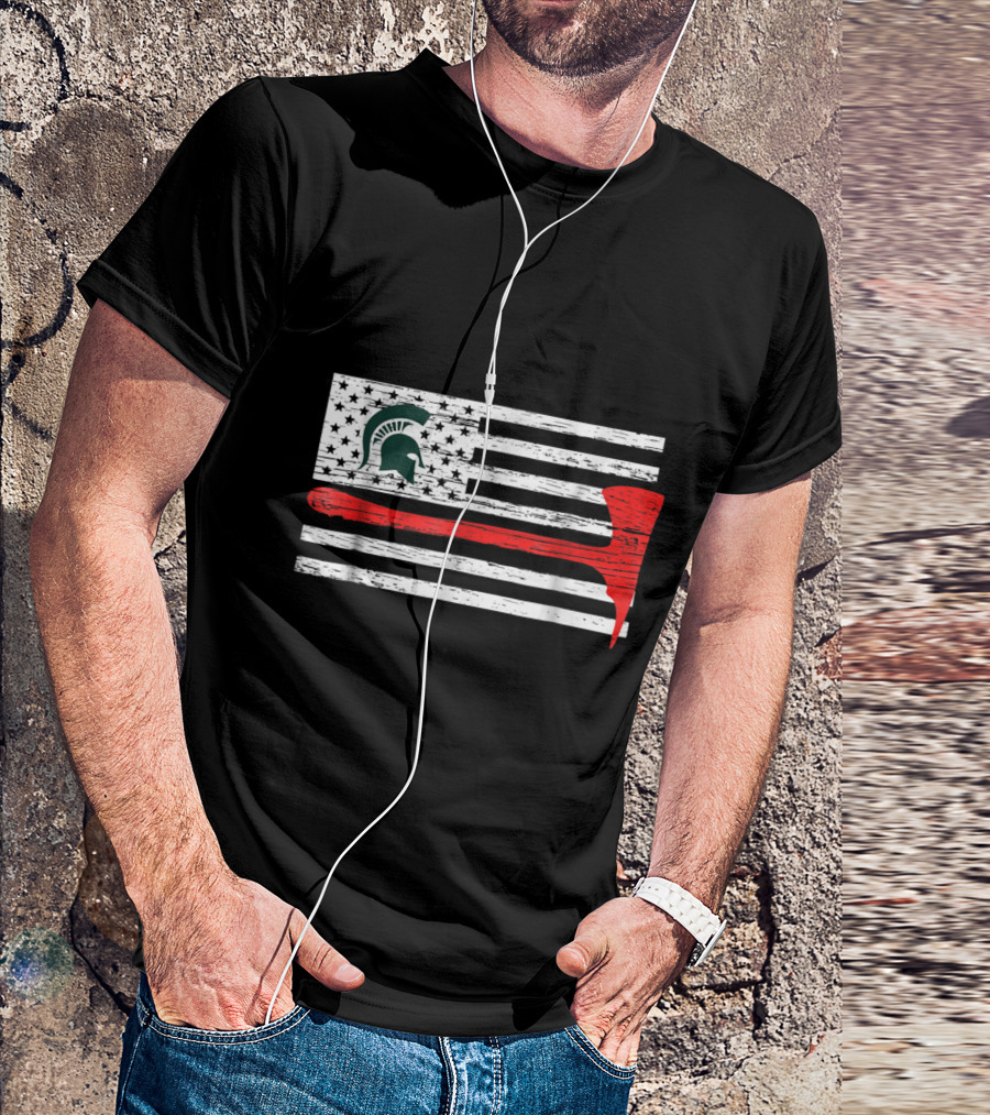 Michigan State Spartans Firefighter Thin Red Line American Flag Helmet Helmet Axe T-Shirt