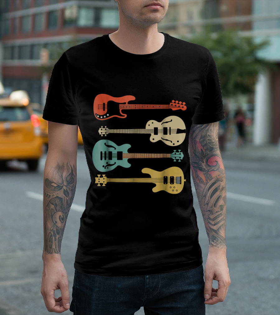 Vintage Bass Guitar Colorful Retro Bassi T-Shirt