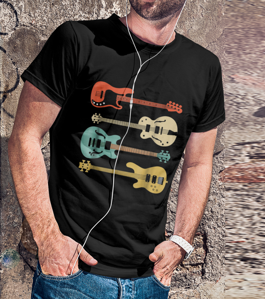 Vintage Bass Guitar Colorful Retro Bassi T-Shirt
