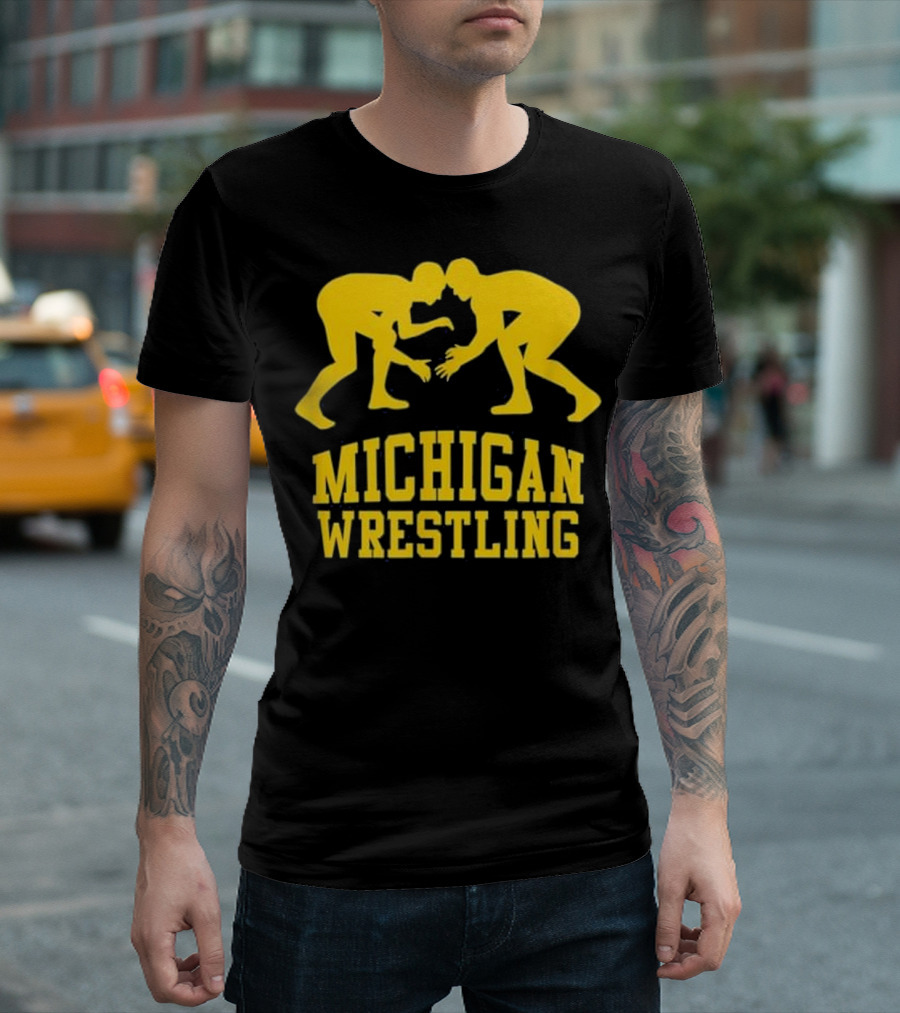 Michigan Wrestling Yellow Wrestlers Iconic Pose T-Shirt