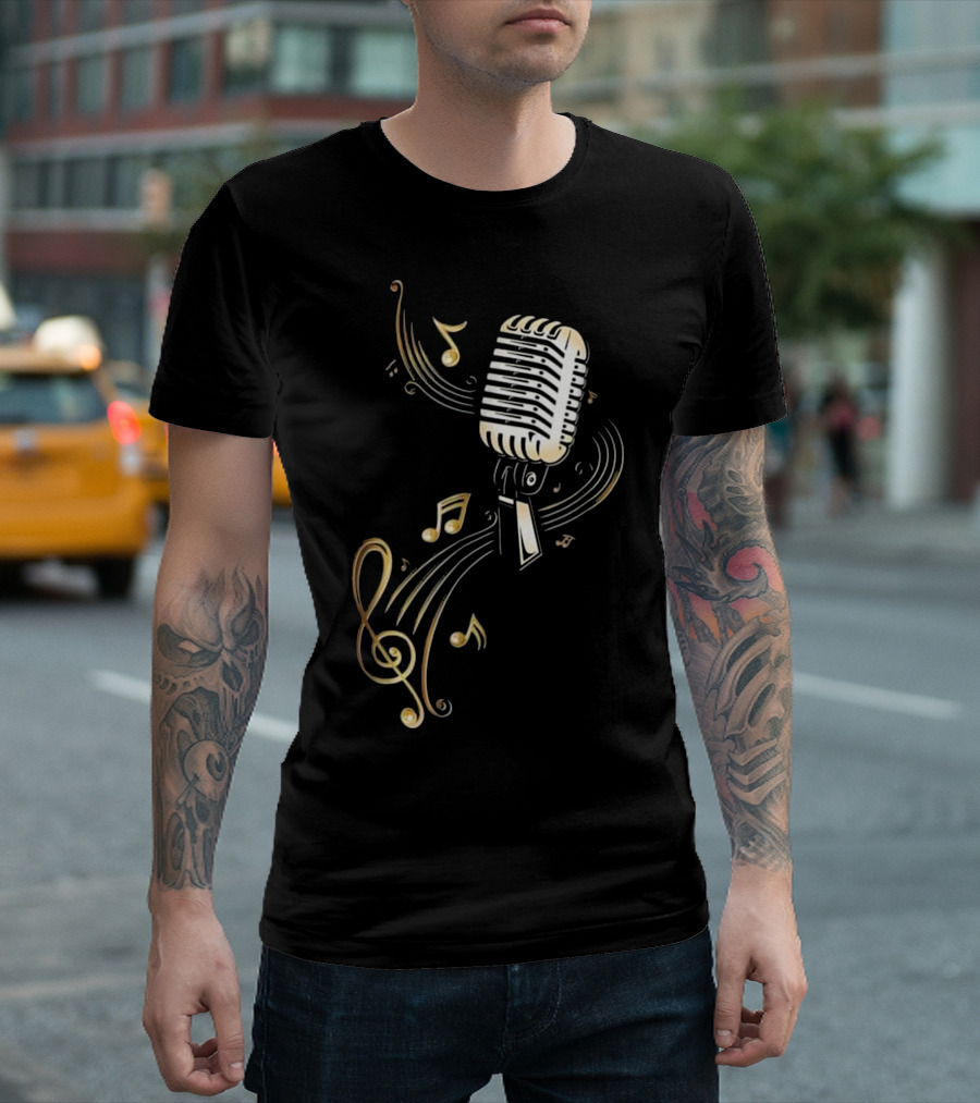 Vintage Microphone with Golden Music Notes and Treble Clef T-Shirt