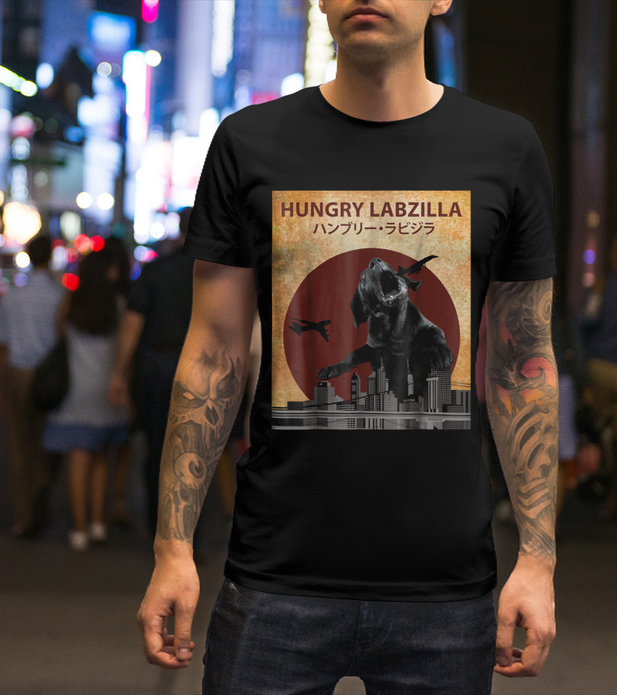Hungry Labzilla Labrador Black Lab Kaiju Cityscape T-Shirt