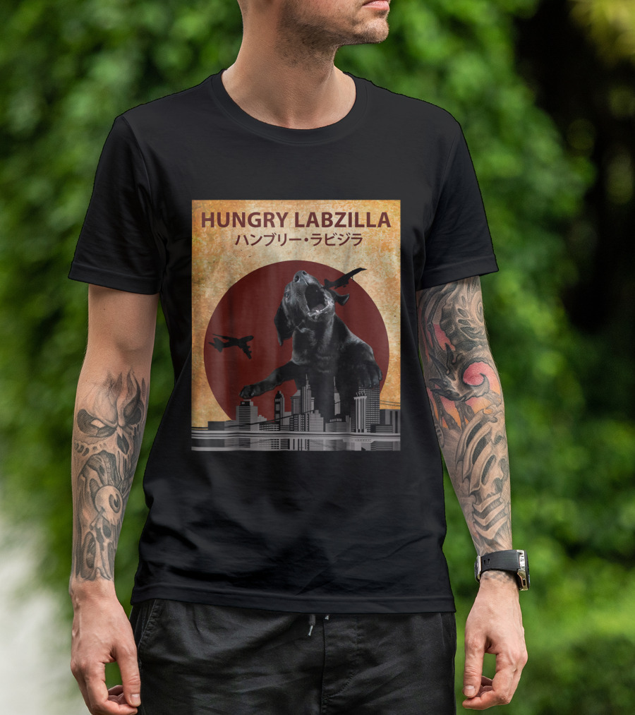 Hungry Labzilla Labrador Black Lab Kaiju Cityscape T-Shirt