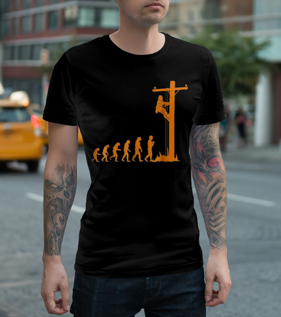 Cool Unique Evolution of Lineman Electrician Climbing Power Pole T-Shirt