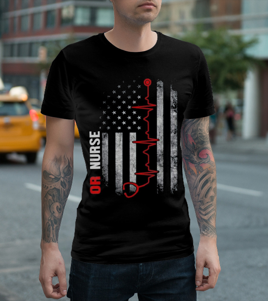 OR Nurse Distressed Flag ECG Heartbeat T-Shirt