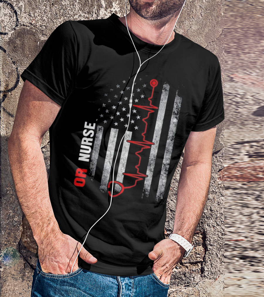 OR Nurse Distressed Flag ECG Heartbeat T-Shirt