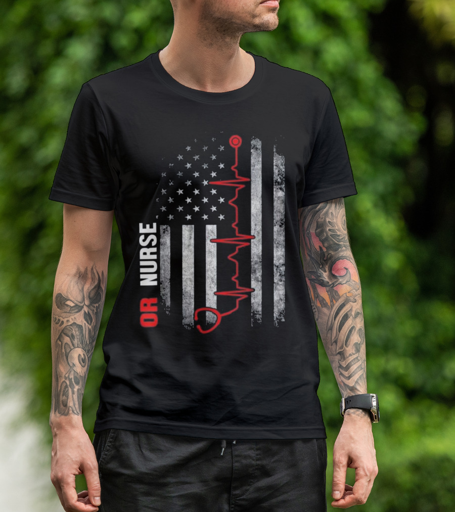 OR Nurse Distressed Flag ECG Heartbeat T-Shirt