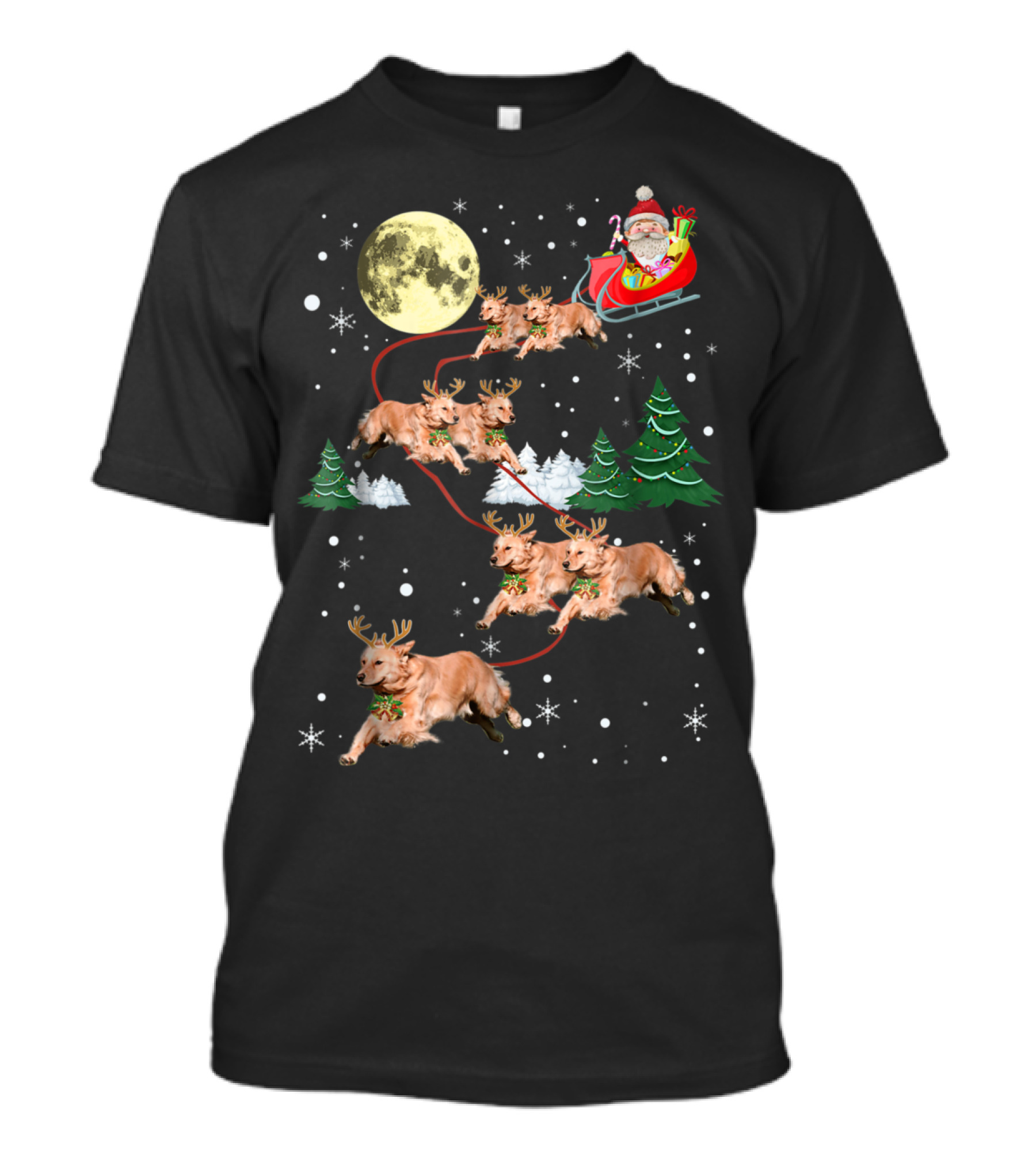 Santa's Golden Retriever Reindeer Sleigh Ride Christmas Moon T-Shirt