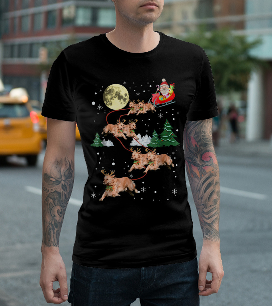 Santa's Golden Retriever Reindeer Sleigh Ride Christmas Moon T-Shirt