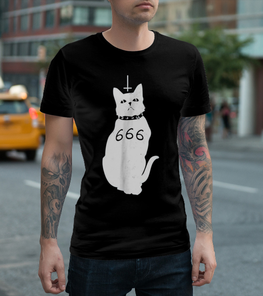 Hail Satan Demonic Cat 666 Cross T-Shirt