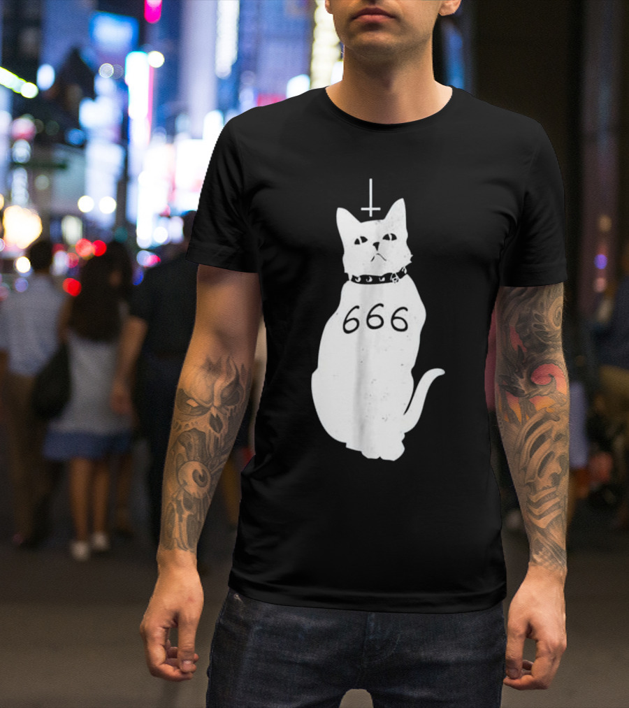 Hail Satan Demonic Cat 666 Cross T-Shirt
