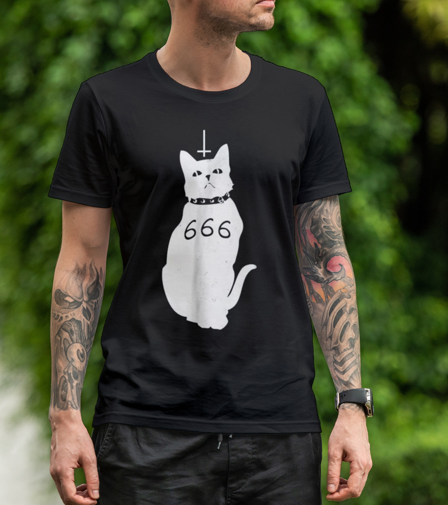 Hail Satan Demonic Cat 666 Cross T-Shirt