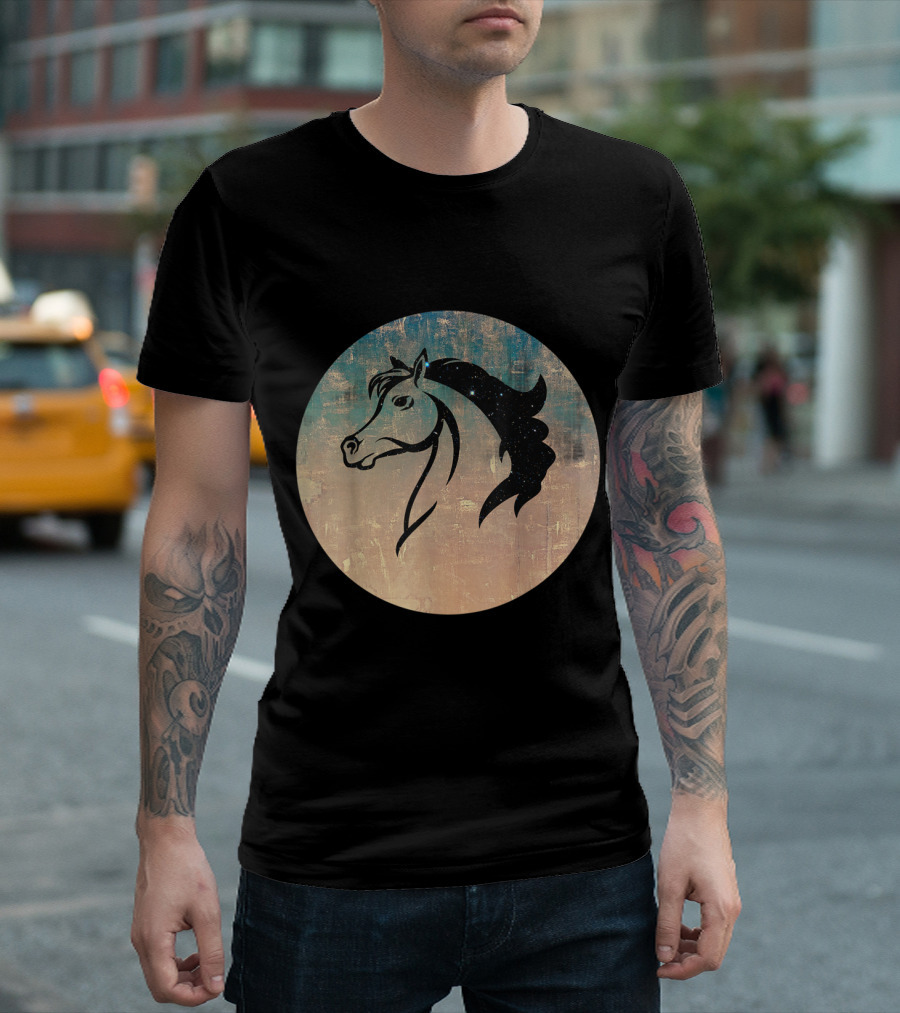 Vintage Horsehead Silhouette with Grunge Texture Circle T-Shirt