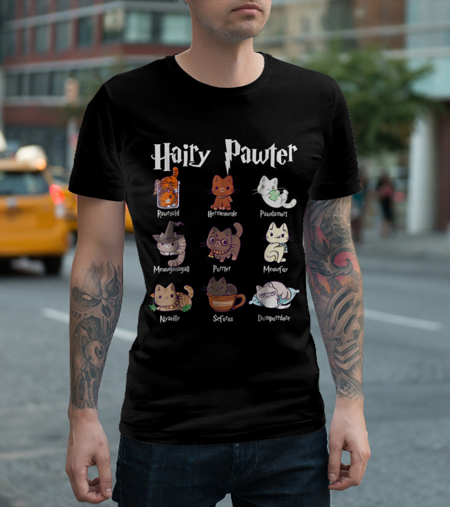 Hairy Pawter Rawenald Hermewnine Pawdamort Meowgonagall Purrter Meowfoy Nyaaville Seffius Dumpurrdore T-Shirt