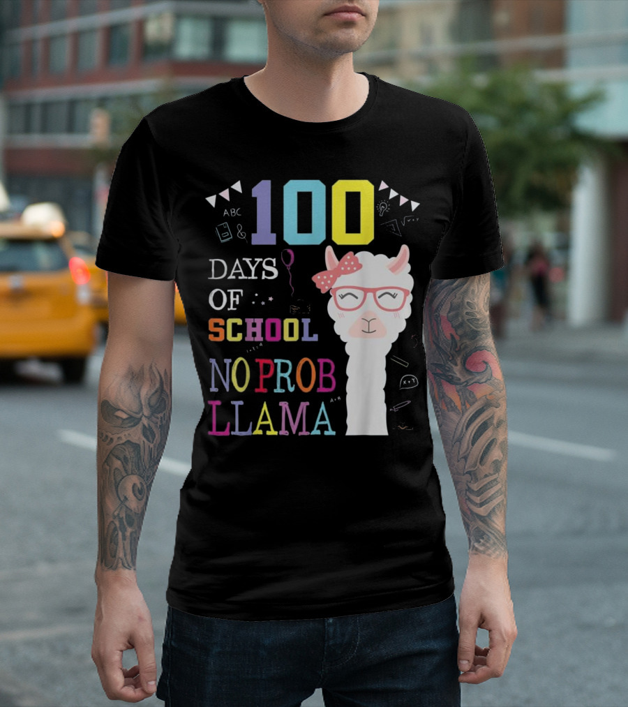 100 Days of School No Probllama Cute Colorful Llama with Glasses and Bow T-Shirt