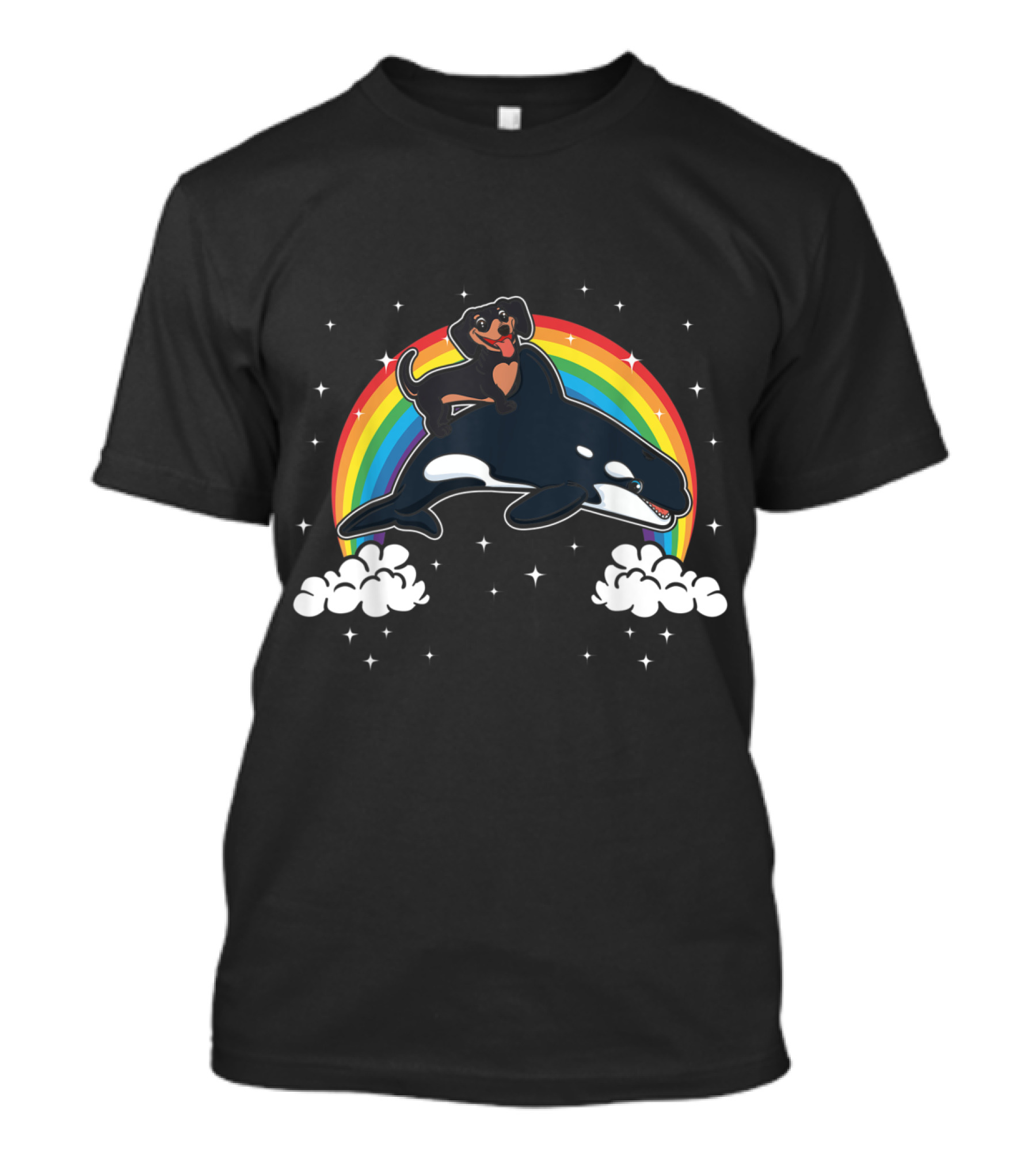 Dachshund Riding Orca Killer Whale Rainbow Clouds T-Shirt