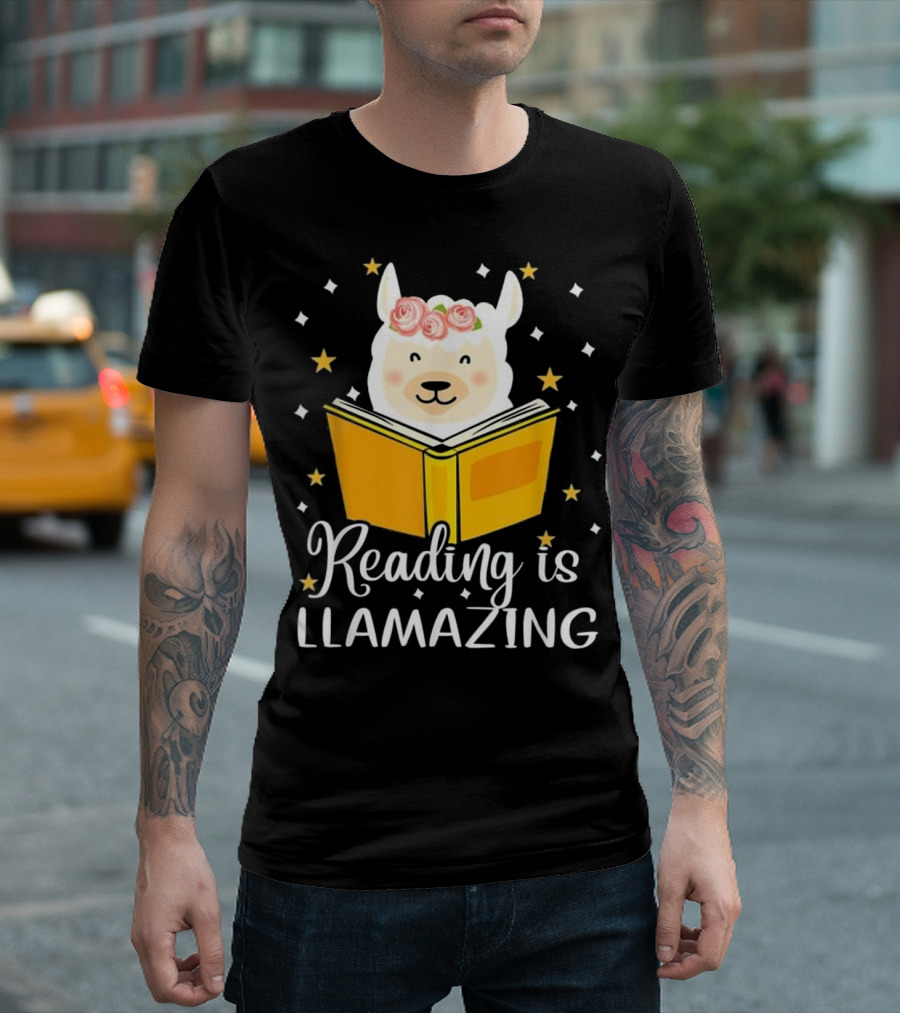 Reading Is Llamazing Cute Llama with Book and Flowers T-Shirt