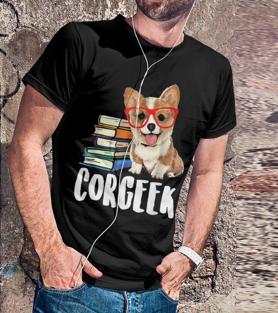 Corgeek Funny Corgi With Glasses Reading Books T-Shirt