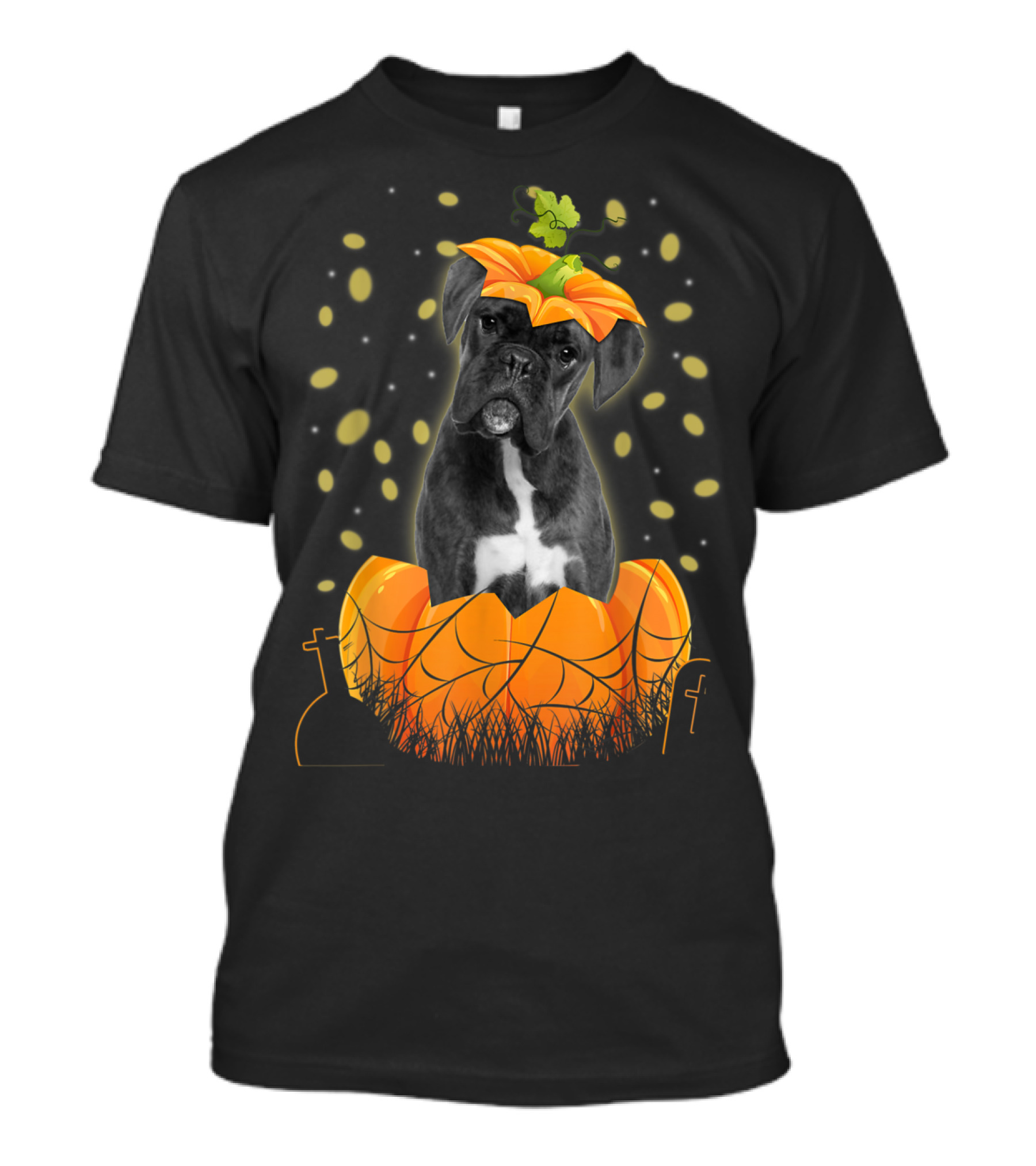 Halloween Boxer Dog Inside Pumpkin With Spider Web And Leaves T-Shirt