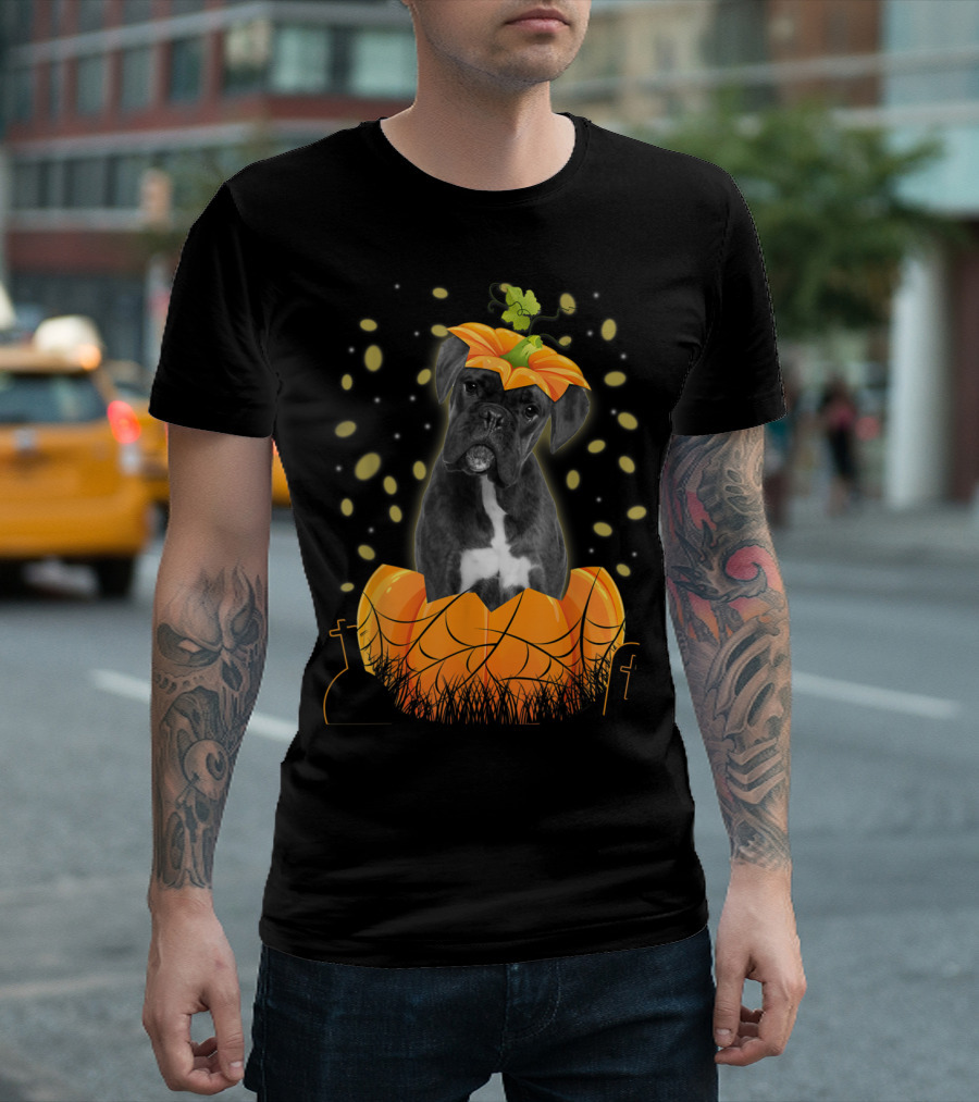 Halloween Boxer Dog Inside Pumpkin With Spider Web And Leaves T-Shirt