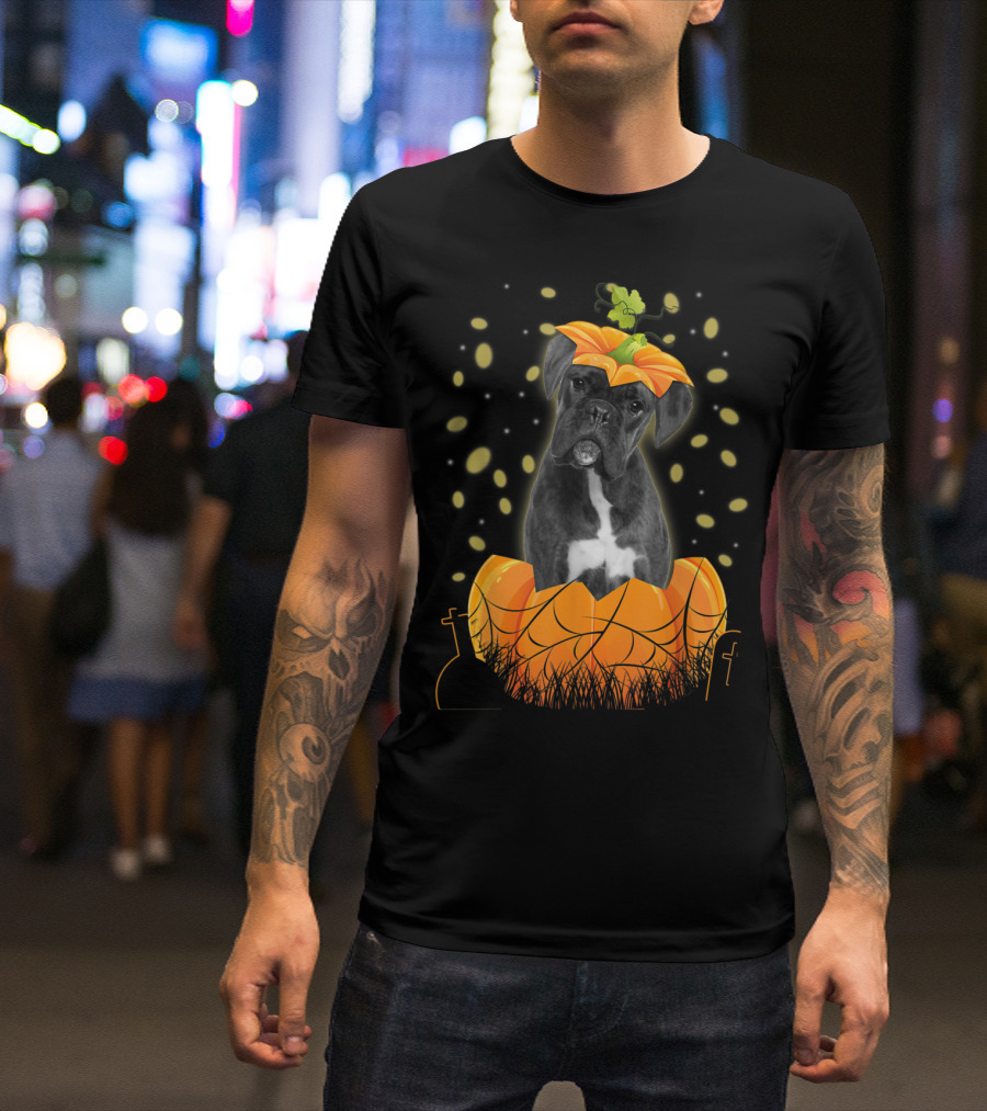 Halloween Boxer Dog Inside Pumpkin With Spider Web And Leaves T-Shirt