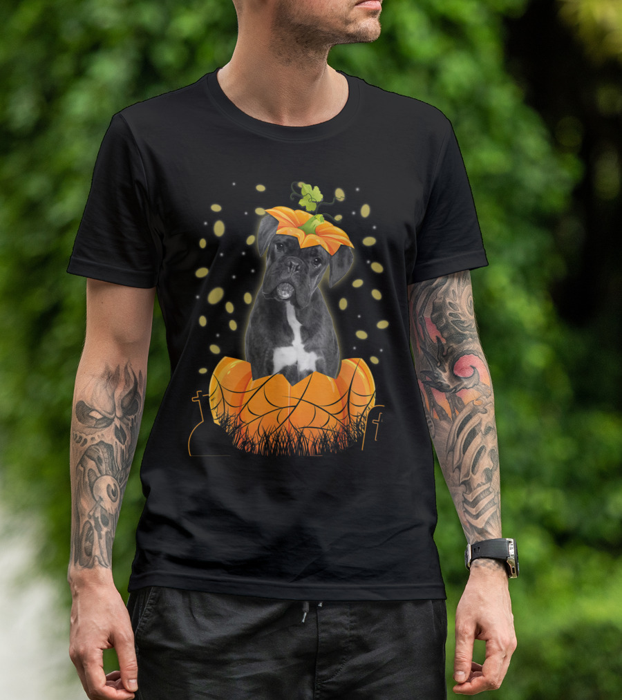 Halloween Boxer Dog Inside Pumpkin With Spider Web And Leaves T-Shirt