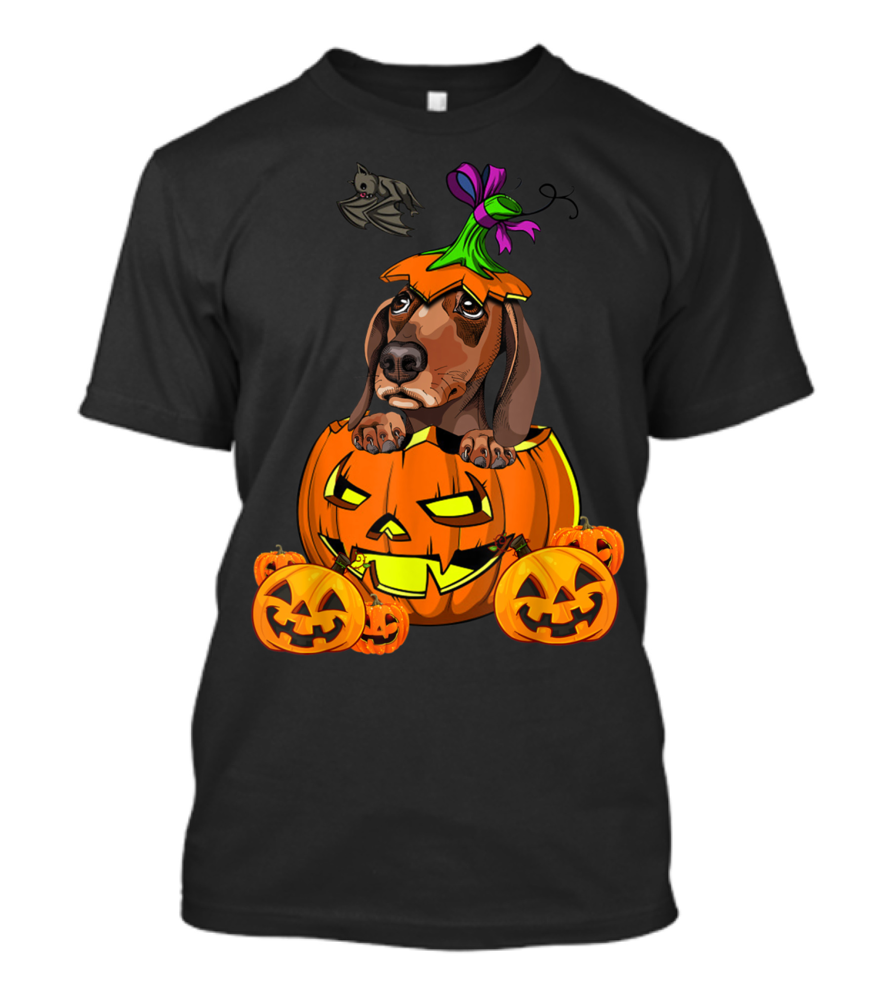 Dachshund In Pumpkin With Halloween Jack-o'-Lanterns And Bat T-Shirt